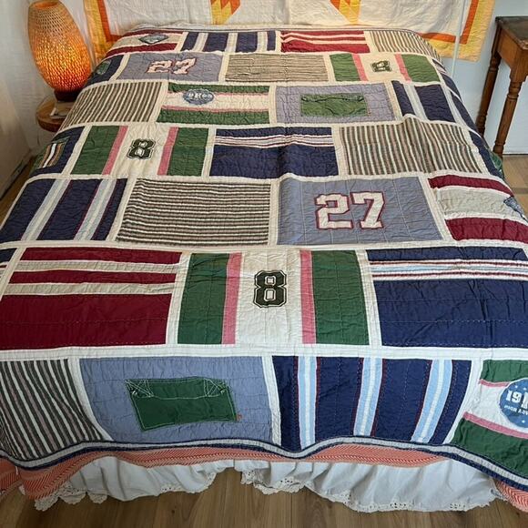 Pottery Barn Other - Pottery Barn Quilt Twin Kids Boys Club Crew Pockets Numbers Multicolor 80x64 Vtg